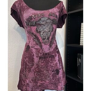 Vintage Y2K Ed Hardy Style Graphic Tee Dress Skull Tattoo Grunge‎ Top